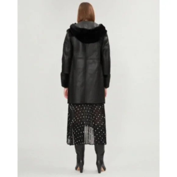 MAJE 38 sz4 SHEARLING Sheepskin Fur Leather Gwette Coat Black Acne Sandro